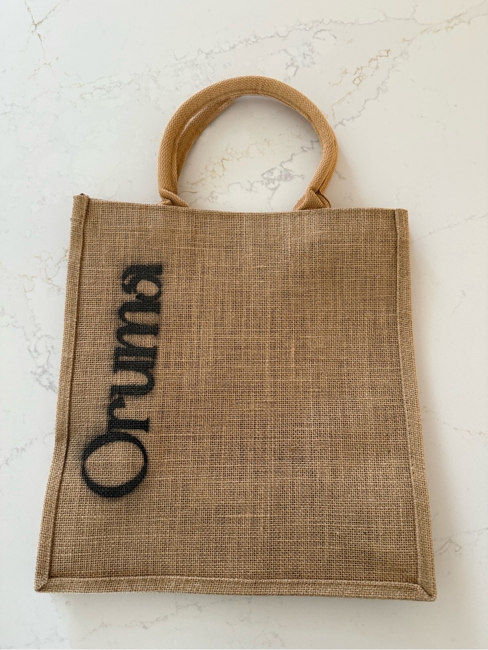 Natural Oruma Hand Spray Painted Tote Bag - Tan w/ Vertical Writing